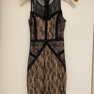 Bebe Black and Tan Lace Mini Dress
